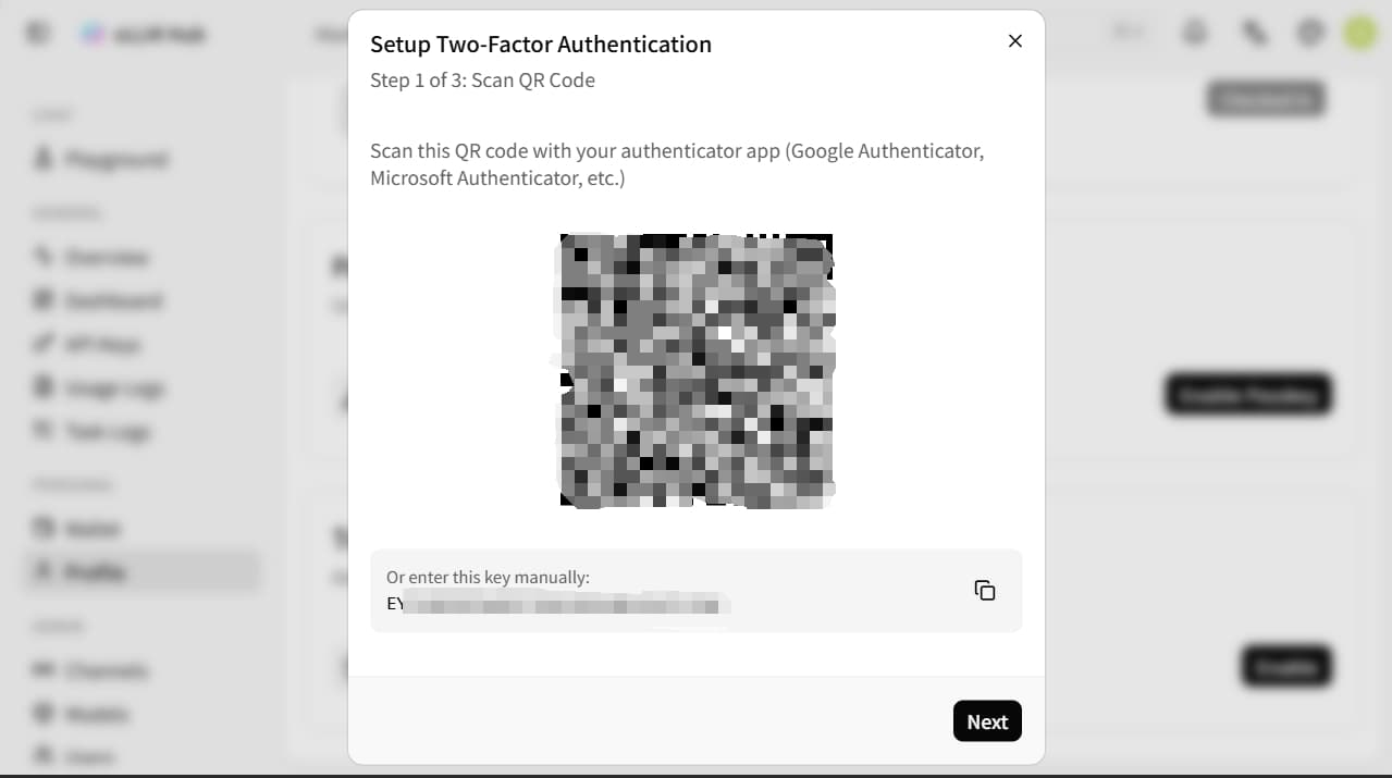2FA QR code dialog