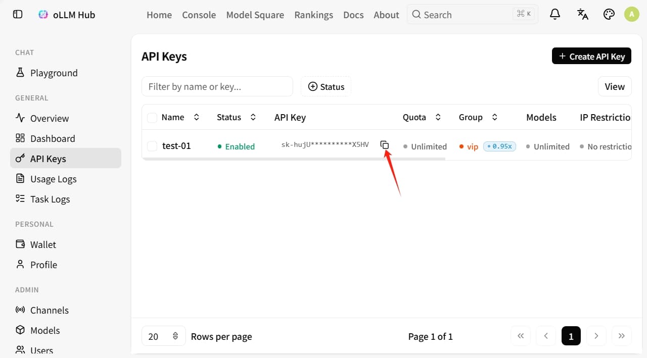 Token created successfully, showing full key