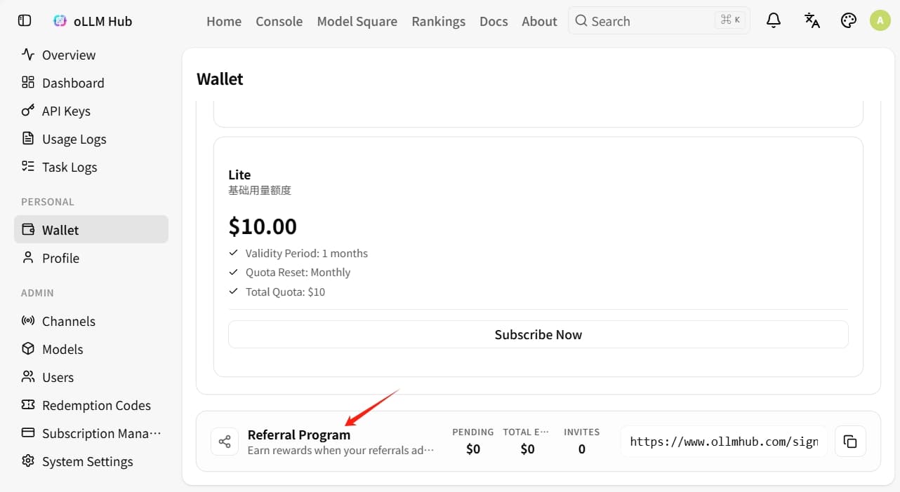 Referral code and rewards section